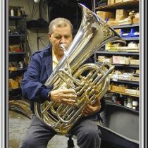 Tommy Johnson tries out a custom double tuba