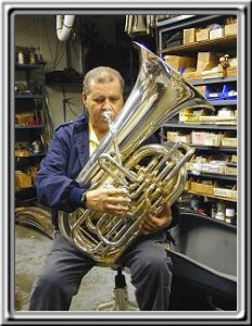 Tommy Johnson tries out a custom double tuba