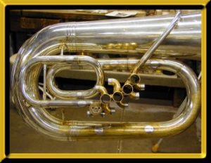 Disassembled F tuba ready for work in Robb Stewart's shop.